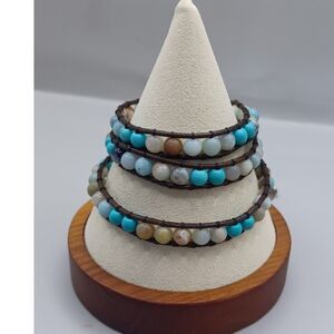 Katie Soleil Wrap Bracelet of Brown Cords Surrounding Multi-Colored Stones Beads